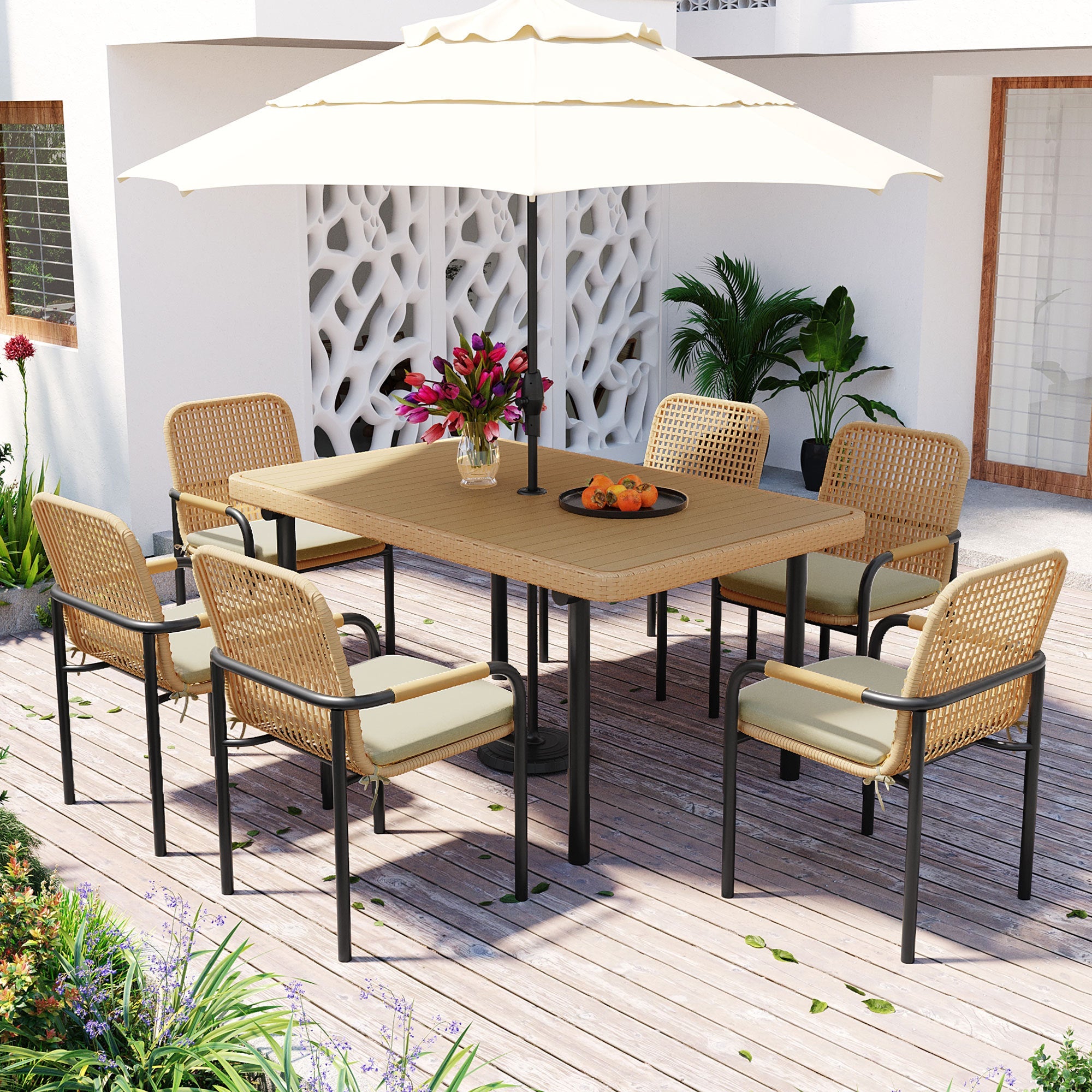 7‑Piece Rattan Patio Dining Set with Polywood Table, Umbrella Hole - Shoprova