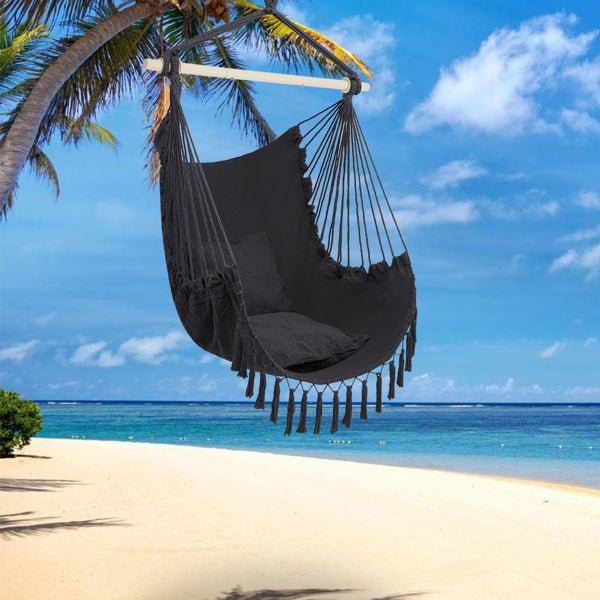 Boho Hanging Chair with Fringe & Cushions – Foldable Swing Seat - Shoprova
