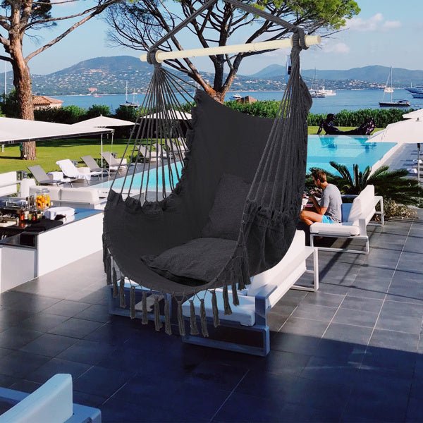 Boho Hanging Chair with Fringe & Cushions – Foldable Swing Seat - Shoprova