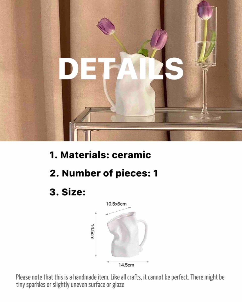 Ceramic pitcher with flowers on a table, with product details overlayed.